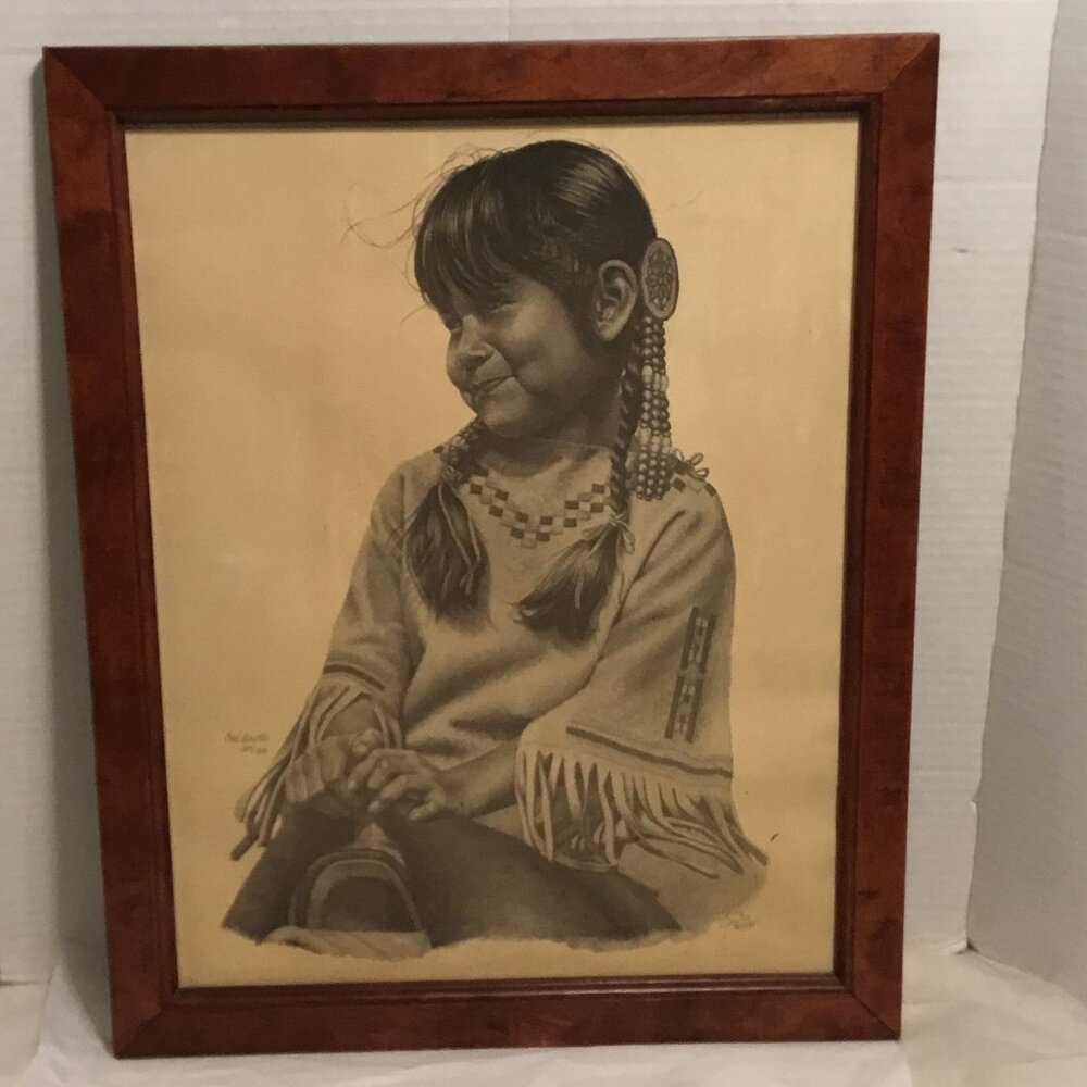 Vintage 1980 Cat Deuter hand signed print of cute little Native American girl